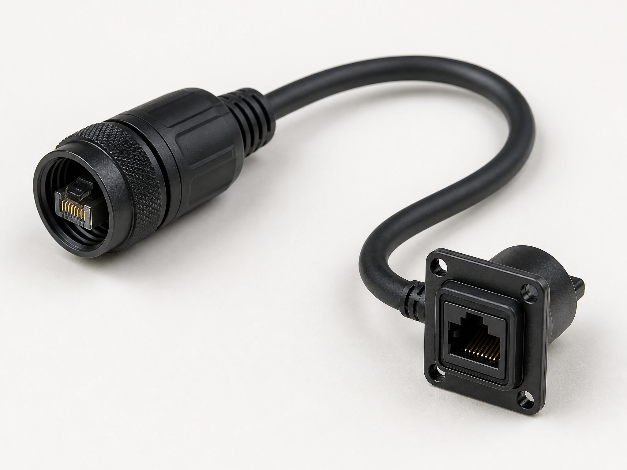 Custom RJ45 locking plug to panel receptacle cable assembly