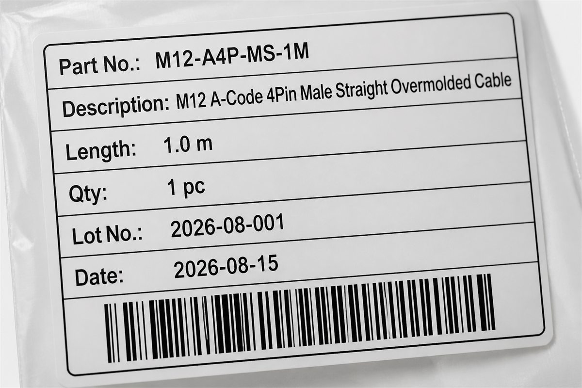Example product specification label with part number, cable length, quantity and lot details